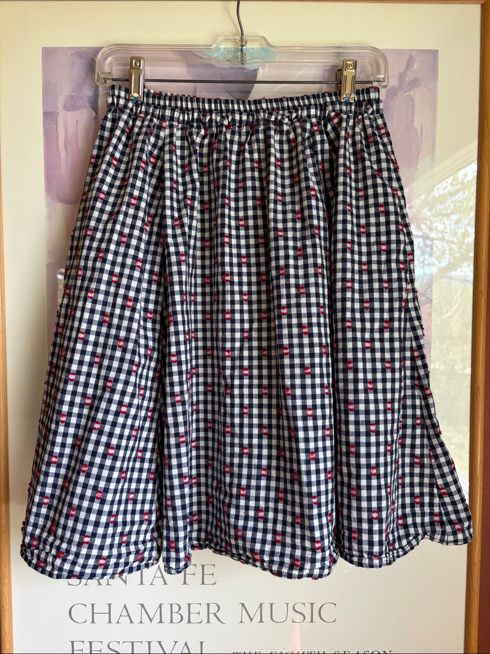 Maeve Anthropologie Gingham Check Skirt in Navy/White w/Red Embroidery - Picture 3 of 7